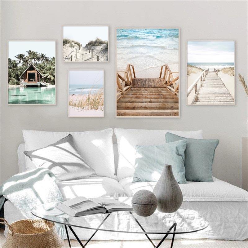 Tropical Beach Ocean Poster Palm Tree Banana Leaves Wall Art Canvas Painting Bridge Summer Seascape Picture For Home Decor
