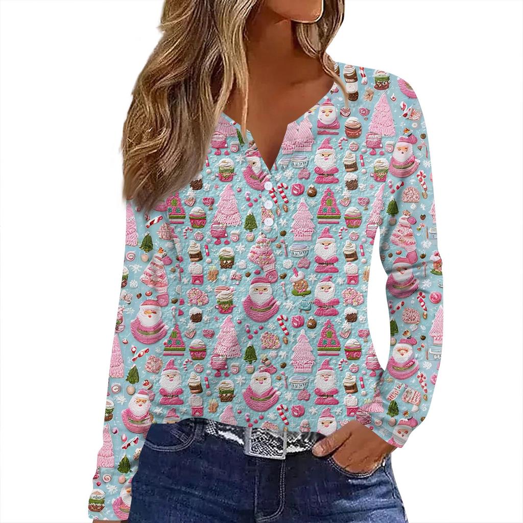 Camiseta de Mujer Estampado Navideño Botón Manga Larga Diario Fin de Semana Moda Básica Cuello en V Regular Top