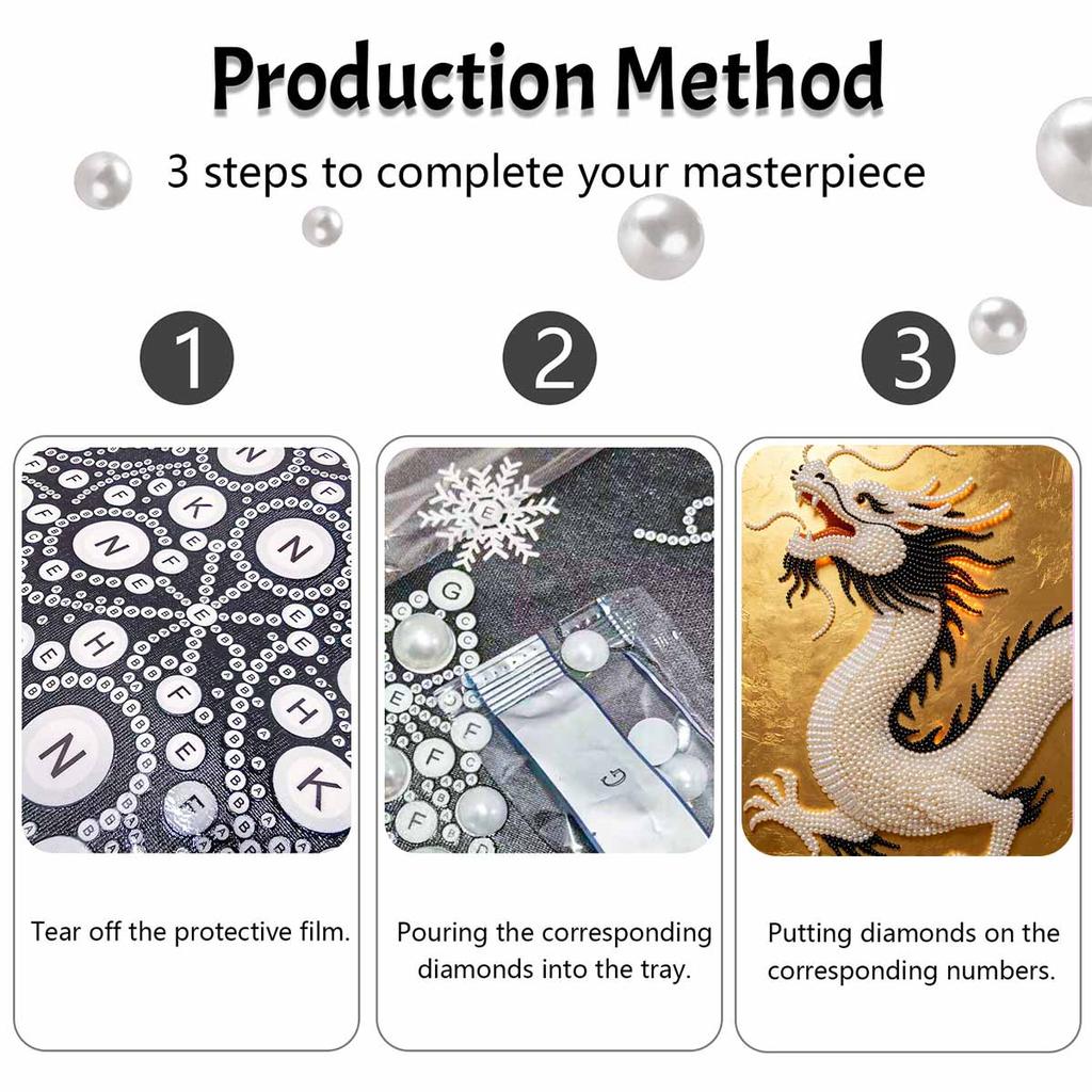 DIY Pearl Gem Golden Chinese Dragon Shining Bead Craft Art Home Wall Ornament Simple Unframed Room Decoration Art Modern Exquisite Wall Decor