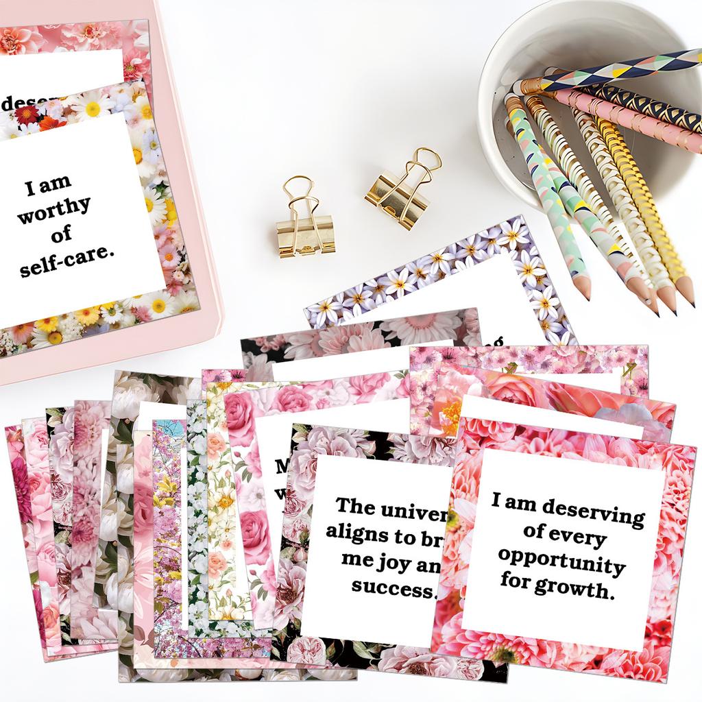 60Pcs Floral Affirmation Cards Pink, Daily Motivational Quote Set for Women, Inspiring Kindness Gratitude Notes, Gift Supplies