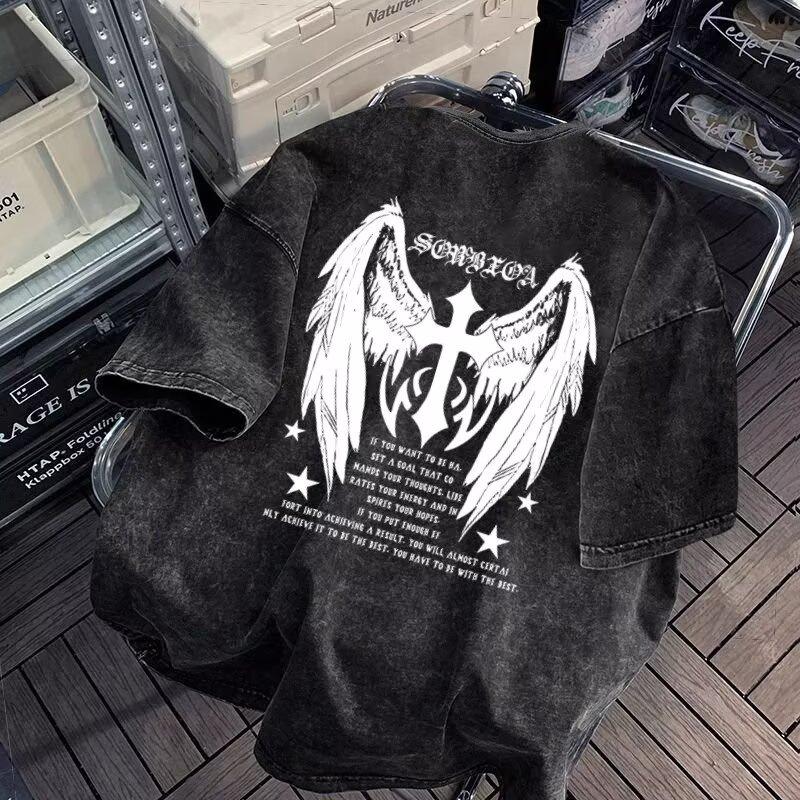 

American High Street Oversized Cross Wing Print Casual Short Sleeved Men S Trendy Brand Loose Hip-Hop Half Sleeved T-Shirt M сірий колір