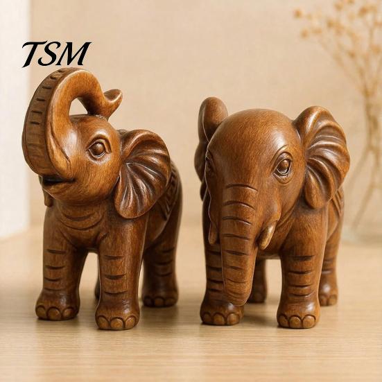 Symbol of Harmony Elephant Figurine Ornament, Resin Wood Grain Statue, Auspicious Retro Style Living Room Decoration Animal Sculpture for Home Office