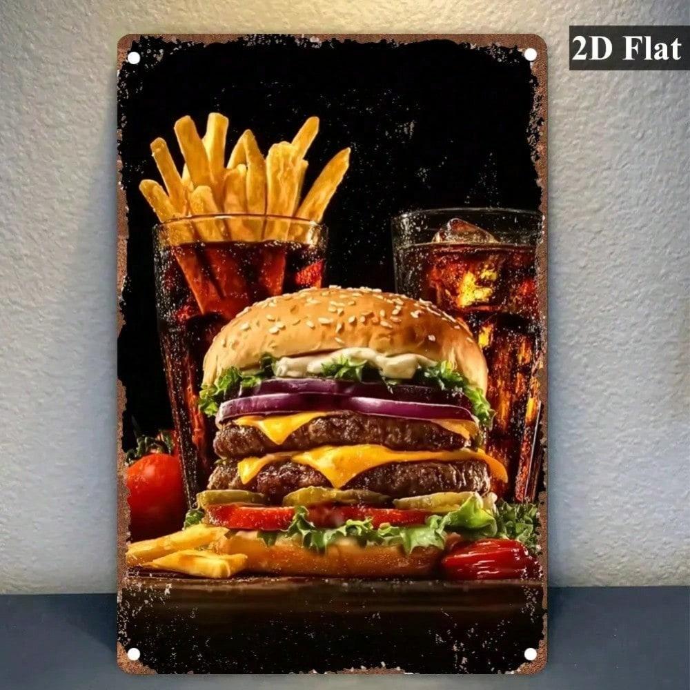 Retro Cafe Metal Wall Sign Burger Fries Drink Vintage Tin Plaque Decor