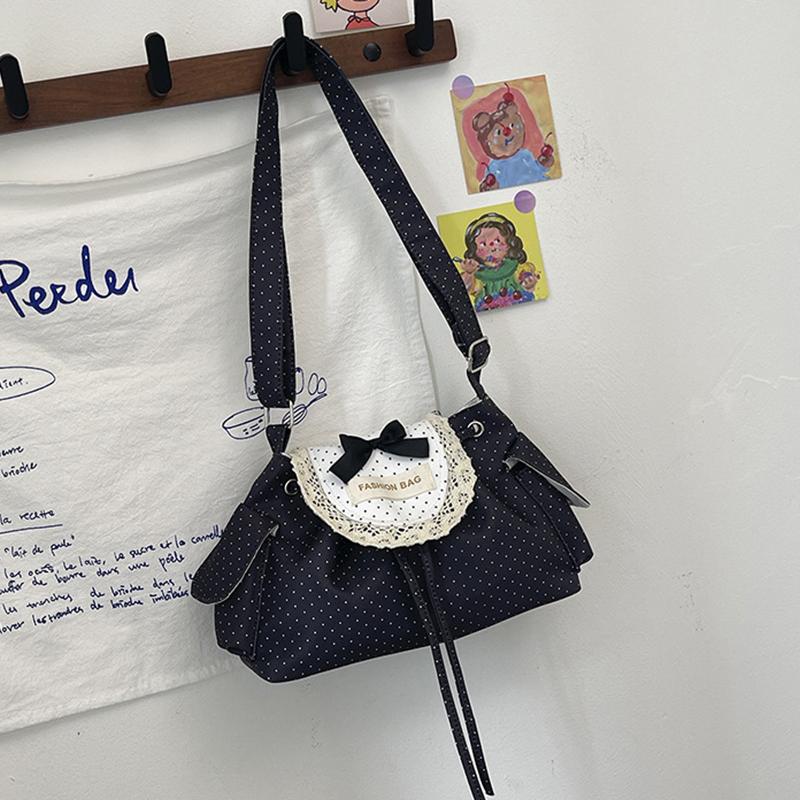 Yogodlns Lace Polka Dot Shoulder Bag Cute Drawstring Flap Crossbody Handbag Sweet Vintage Messenger Purse Daily Casual