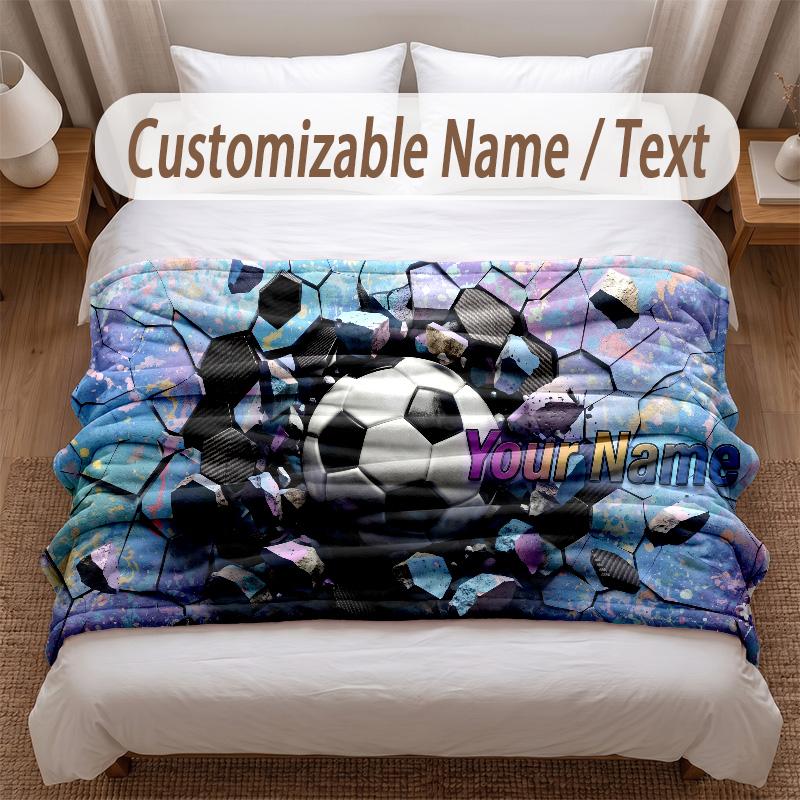 Soccer Theme Soft Blanket Personalized Custom Name Text Print Warm Blanket Home Sofa Bedroom Decor