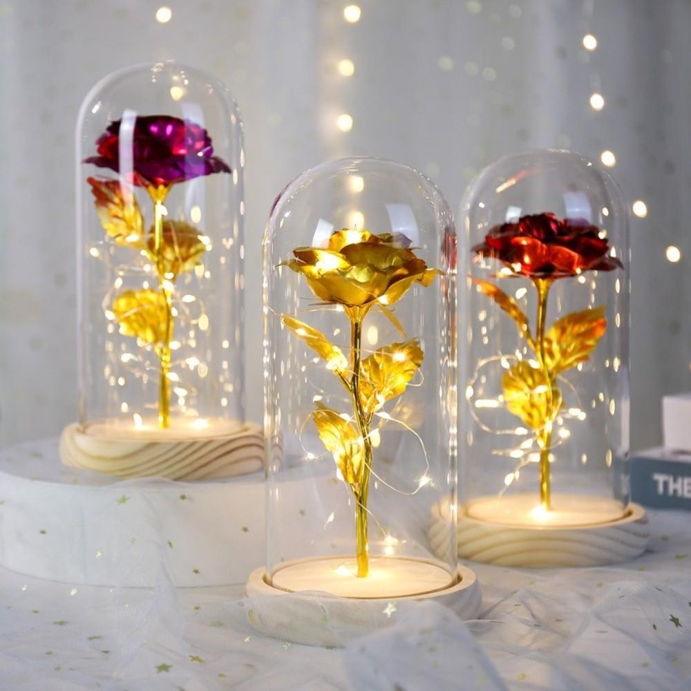 LED Light Preserved Rose Flower Glass Cover Artificial flowers Rose LED Light  Valentine's Day