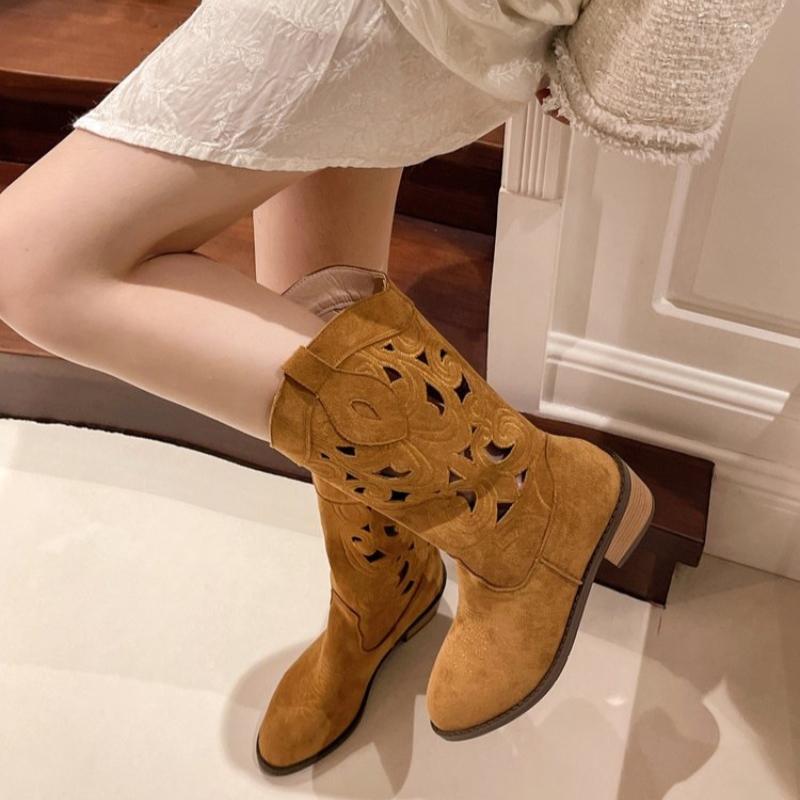 Módní duté vyšívané vintage westernové boty dámské 2025 podzim robustní podpatky ke kolenům kovbojské boty žena PU kůže rytířské kotníkové boty