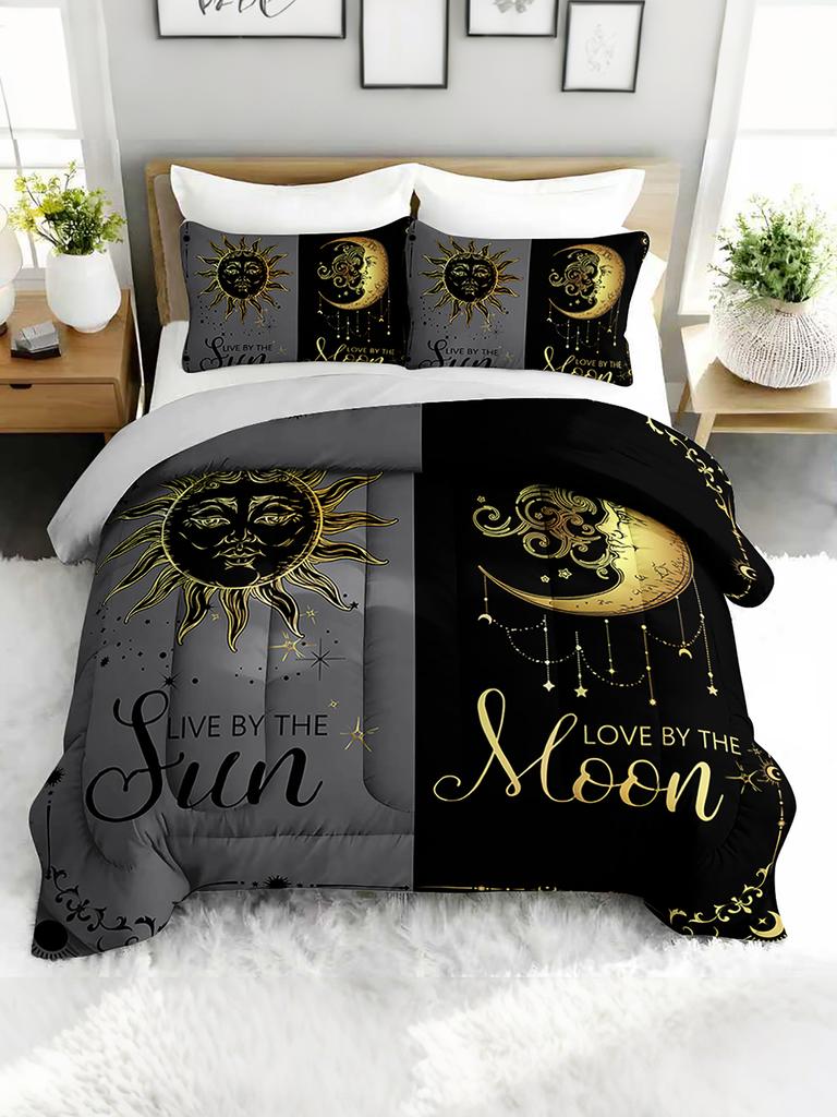 3PC Sun And Moon Celestial Bedding Set Astrology Duvet Cover with 2 Pillowcases Modern Bedroom Guest Room Decor
