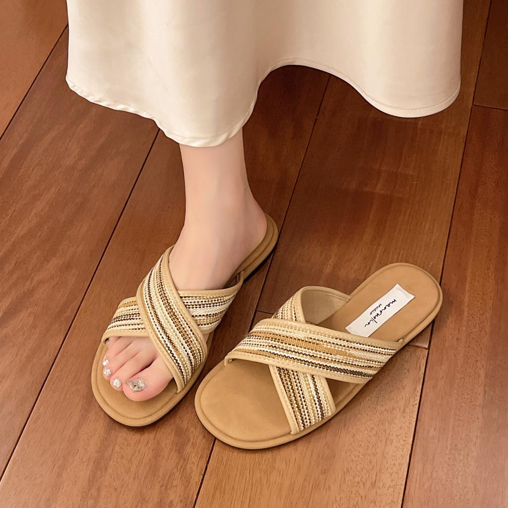 Bohemian flat-bottomed woven cross-strapped slippers for women's summer wear 2025 new design niche cool slippers for women