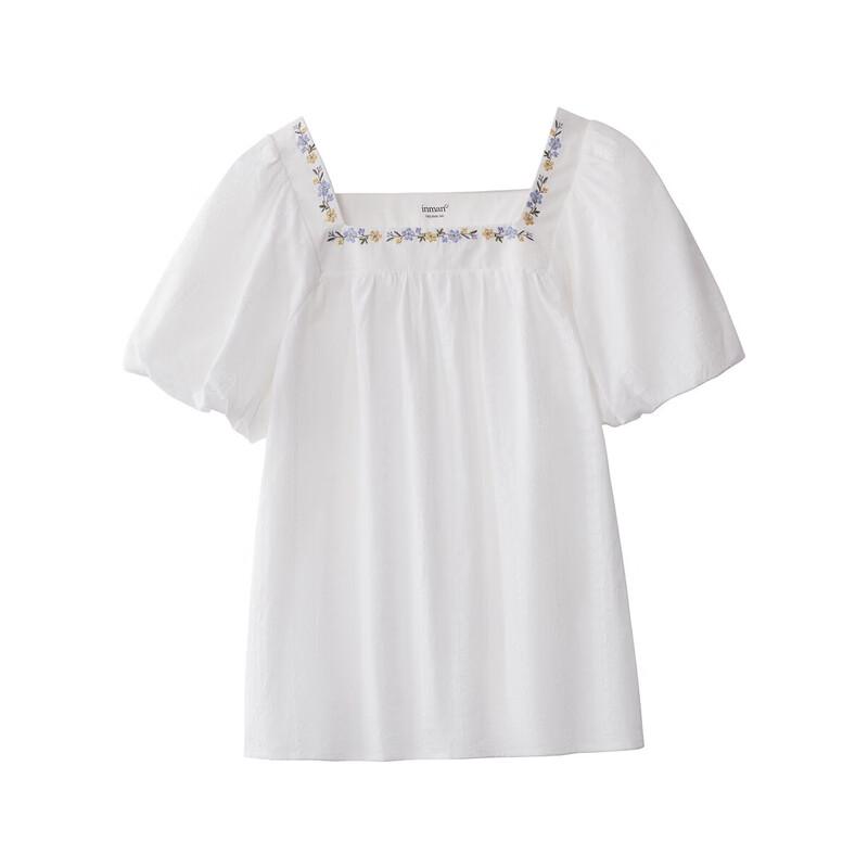 INMAN Women's French Embroidered Cotton Square Neck Puff Sleeve Blouse