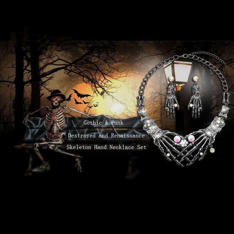 Halloween Skeleton Hand Necklace Earrings Set Rhinestone Gothic Jewelry Alloy Costume Party Accessories for Women/Men