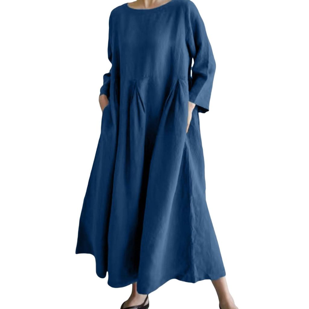 A Fashionable -color Round-neck, Long-sleeved, Loose And Large-swing Pocket Dress For Ladies