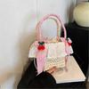 Beach Woven Straw Pearl Beaded Chain Crossbody Bag with Cute Bowknot Top Handle Ruffle Lace Bucket Handbag for Vacation  Pink
