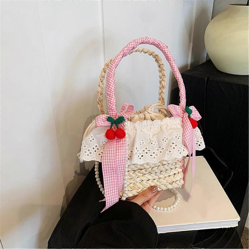 Beach Woven Straw Pearl Beaded Chain Crossbody Bag with Cute Bowknot Top Handle Ruffle Lace Bucket Handbag for Vacation  Pink