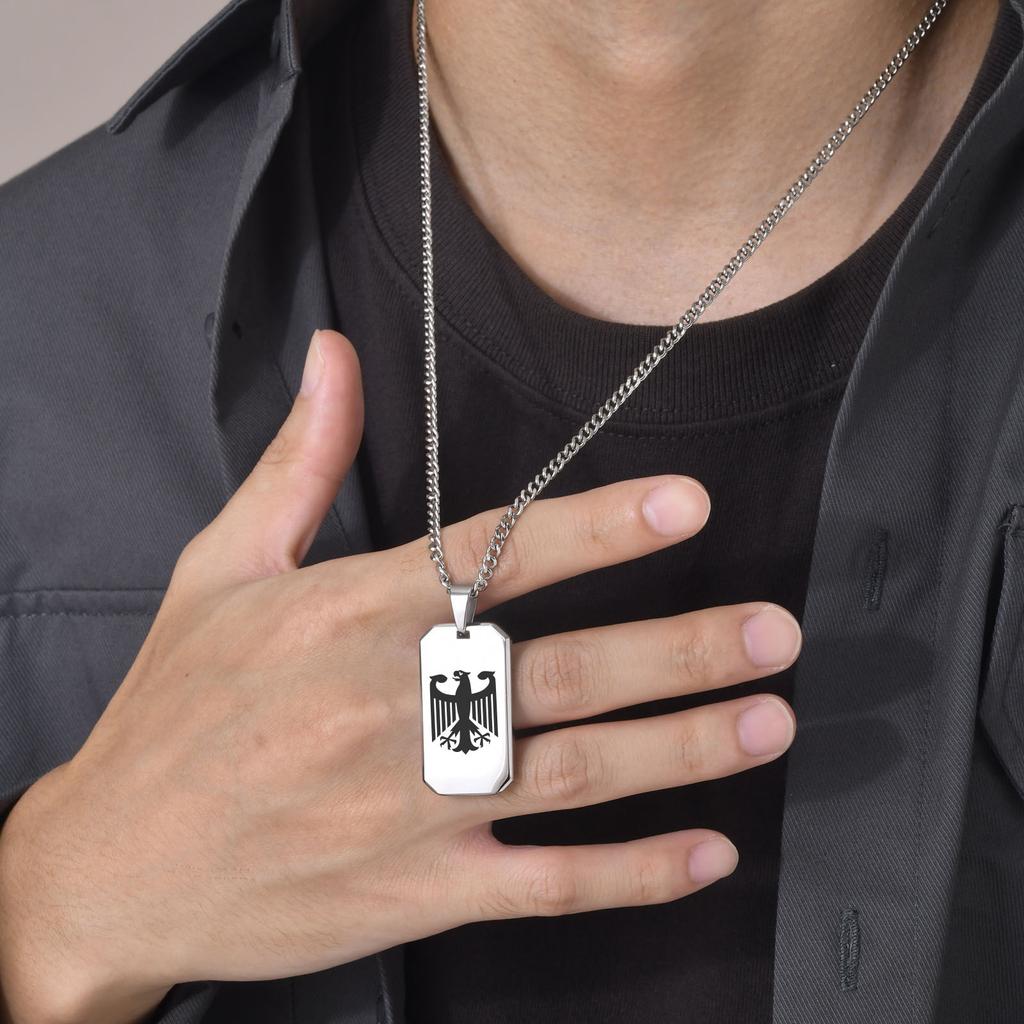German Eagle Square Neckalces for Men, Stainless Steel Big/Small Dog Tag Pendant Necklace,Trendy Germany Jewelry Gift
