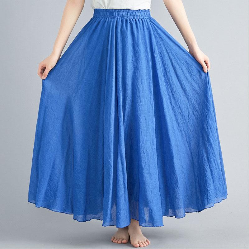 Literary Elastic Waist A-line Expansion Skirt Solid Color Ethnic Style Women Long Skirts