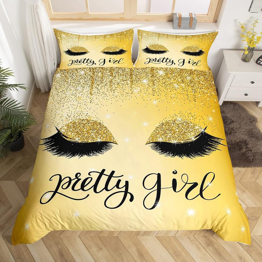 Girls Crown Eyelash Duvet Cover Twin Queen Size Gorgeous Glitter Diamond Princess Style Bedding Set Romantic Bowknot Quilt Cover