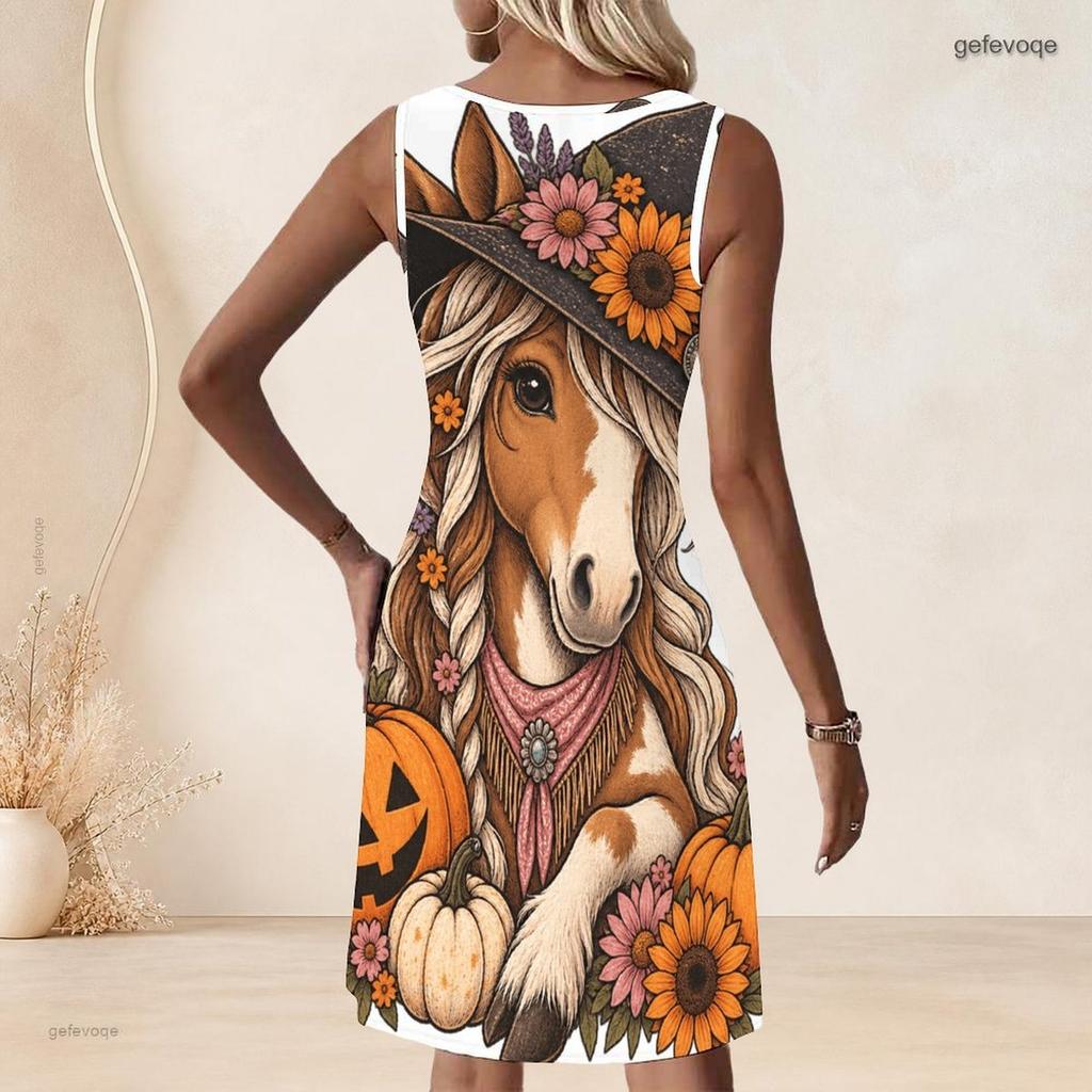 Women Plus Size Sleeveless A Line Dress Round Neck Keyhole Ring Halloween Ghost Pumpkin Printed Casual Dress