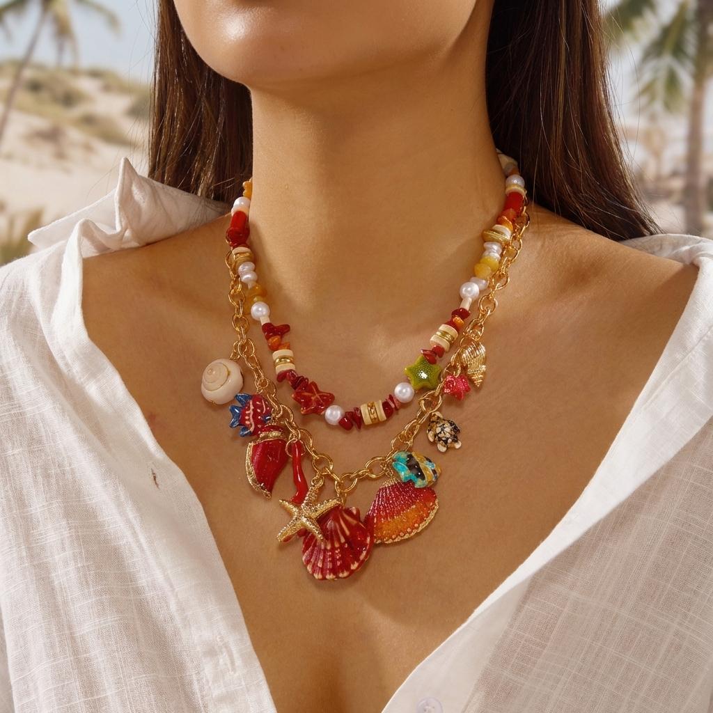 Bohemian Multilayer Handmade Beads Chain Necklace For Women Colorful Fish Starfish Shell Pendant Choker Girl Beach Party Jewelry