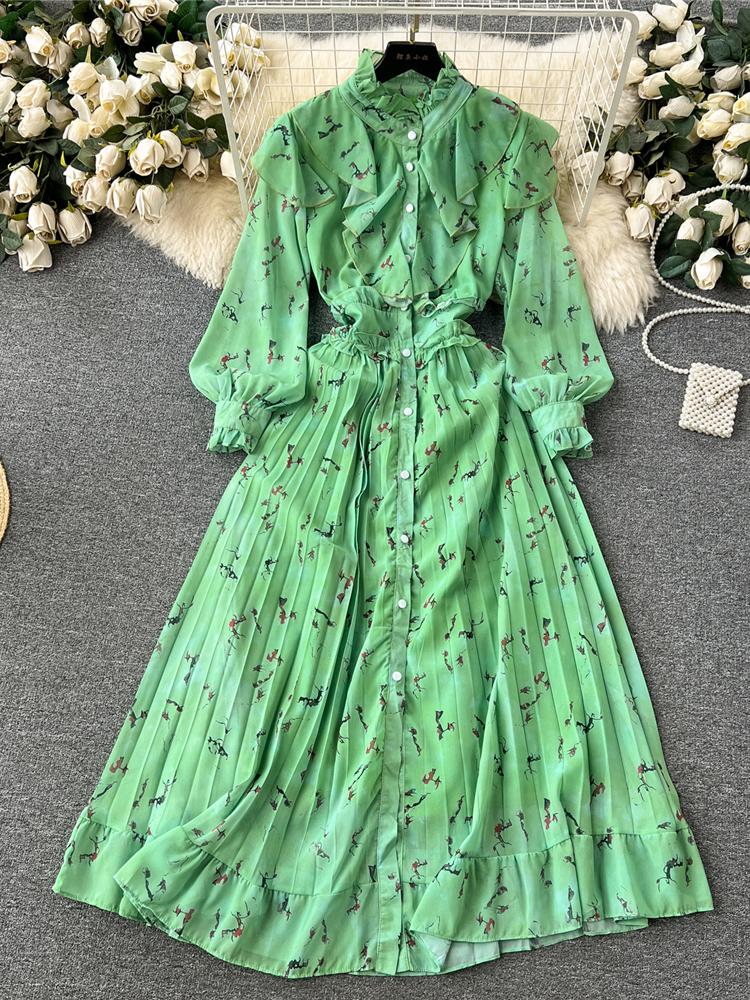 Autumn Women Vintage Printed Pleated Long Dress Female Red/Green/Blue/Yellow Draped Ruffle Single Breasted Maxi Robe Vacation Dresses
