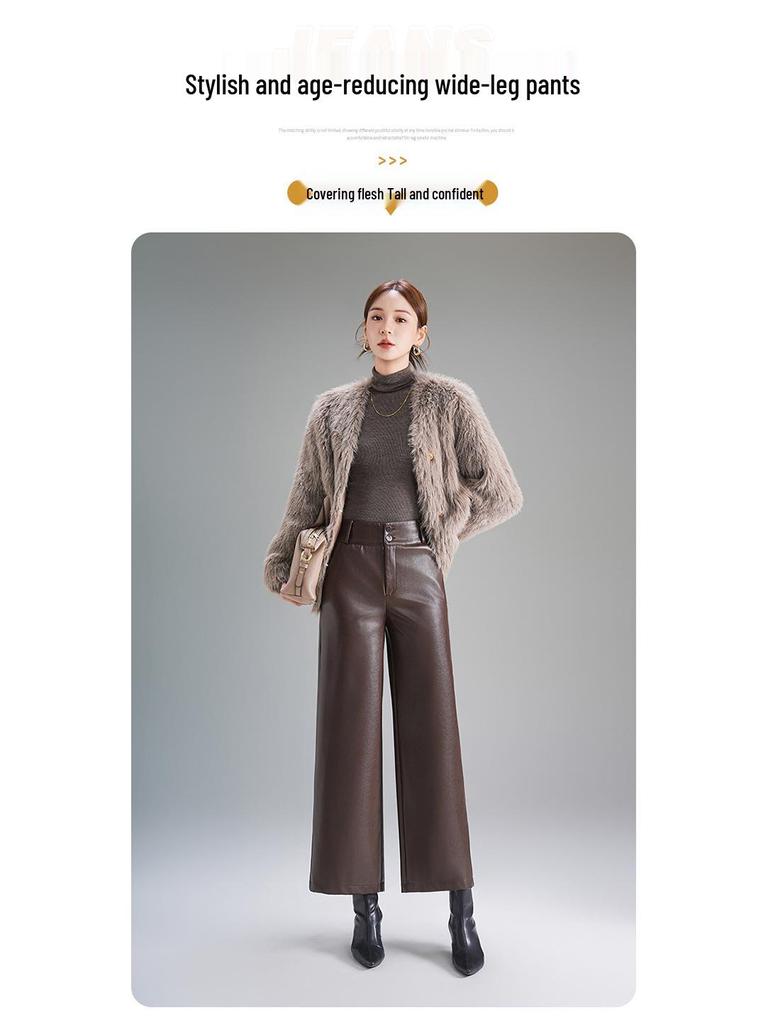 2025 Women's High-Waisted Fleece-Lined Lambskin Leather Pants - Slimming Loose Fit Straight-Leg, Ideal for Autumn and Winter