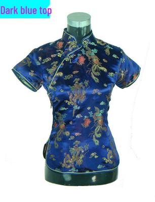 Women's Retro Chinese Style Ethnic Silk Deep Blue Tang Suit Top - Short Sleeve, Ideal for Spring, Summer, and Autumn