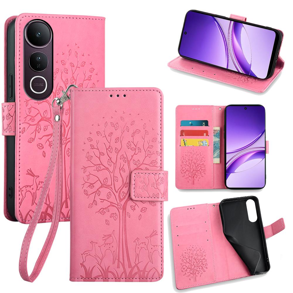 

For vivo V50 Lite 5G Case PU Leather Wallet Phone Cover Tree Deer Imprinted Pink