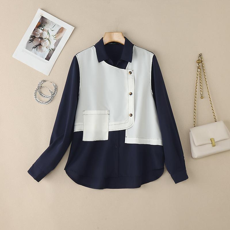 

Жіноча блузка з довгим рукавом і відкладним коміром ZANZEA з повсякденним одягом у стилі печворк 3XL Темно-синій