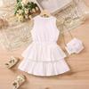 Summer Girls' Fashion Set, Children's Casual Sleeveless Round-neck Bow Top, Solid-color Culottes and Trousers Two-piece Set