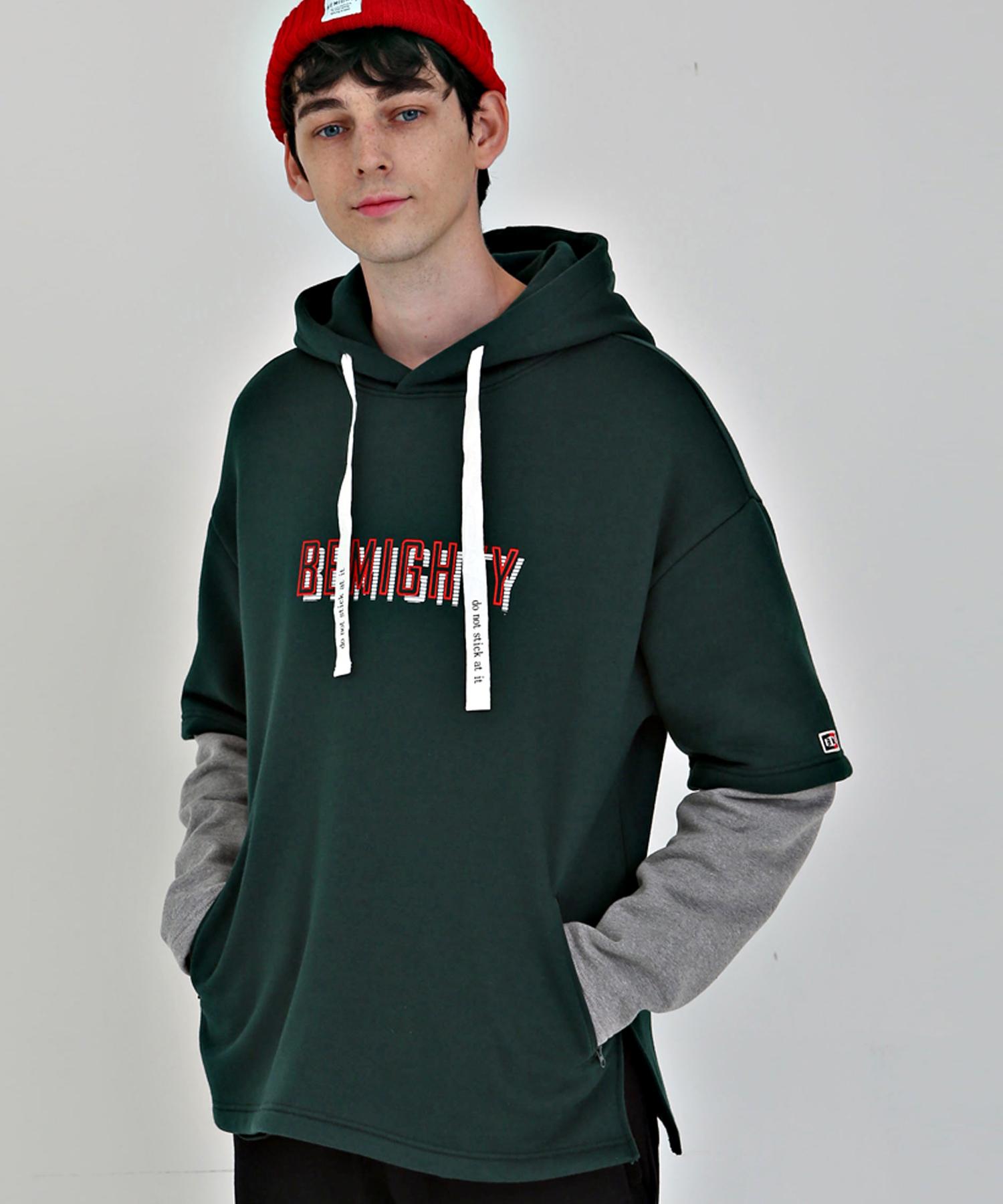 B Mighty Sleeve Layered Oversized Fleece Hoodie Green Green/L