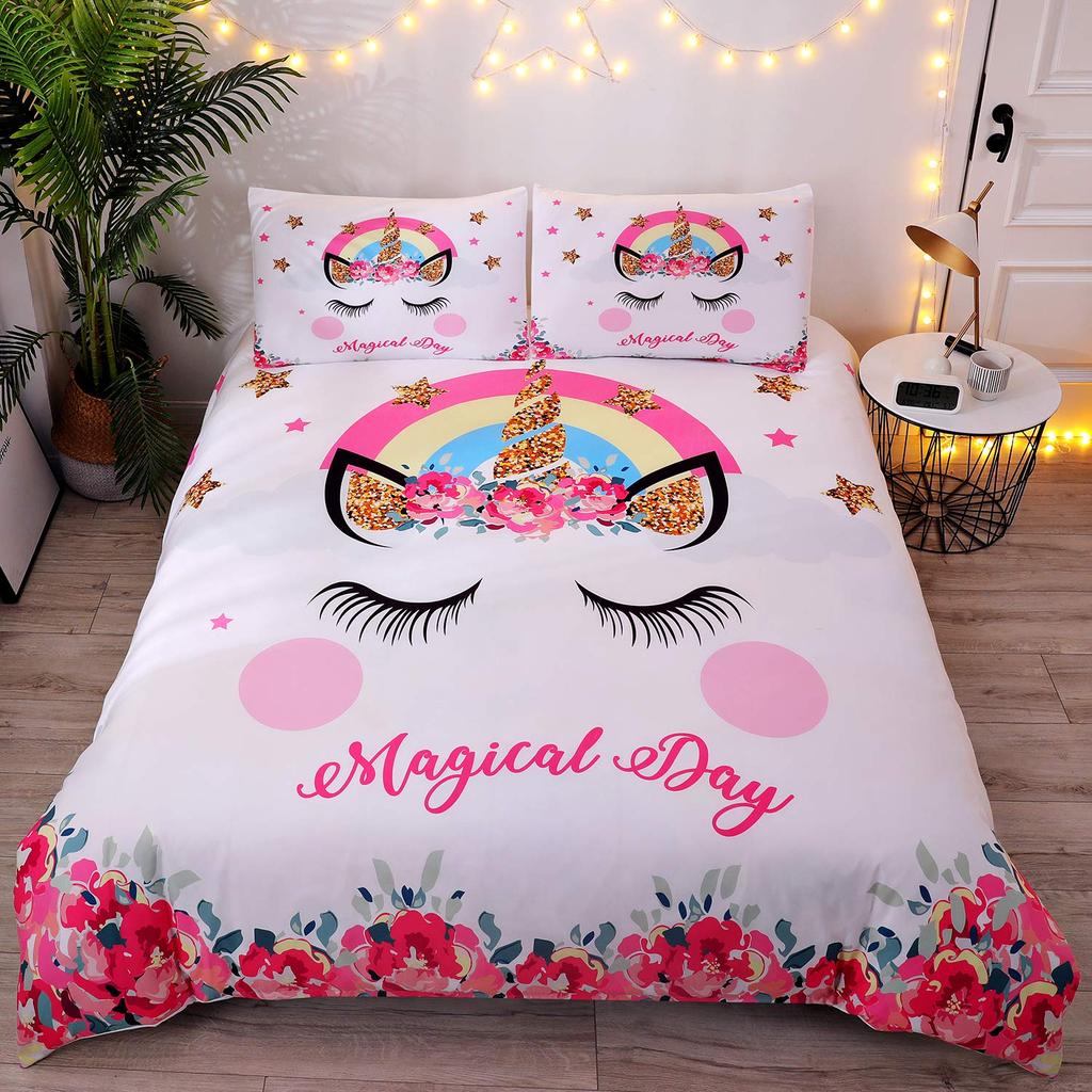Cartoon Unicorn Duvet Cover Floral Rainbow Quilt Cover Microfiber 3D Girl's Eyelash Bedding Set Full For Kids Teen Kawaii Room