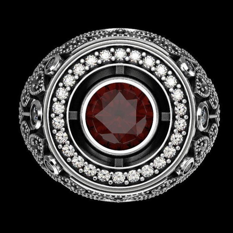 New Men's Silver Ring with Ruby and Diamond Accents