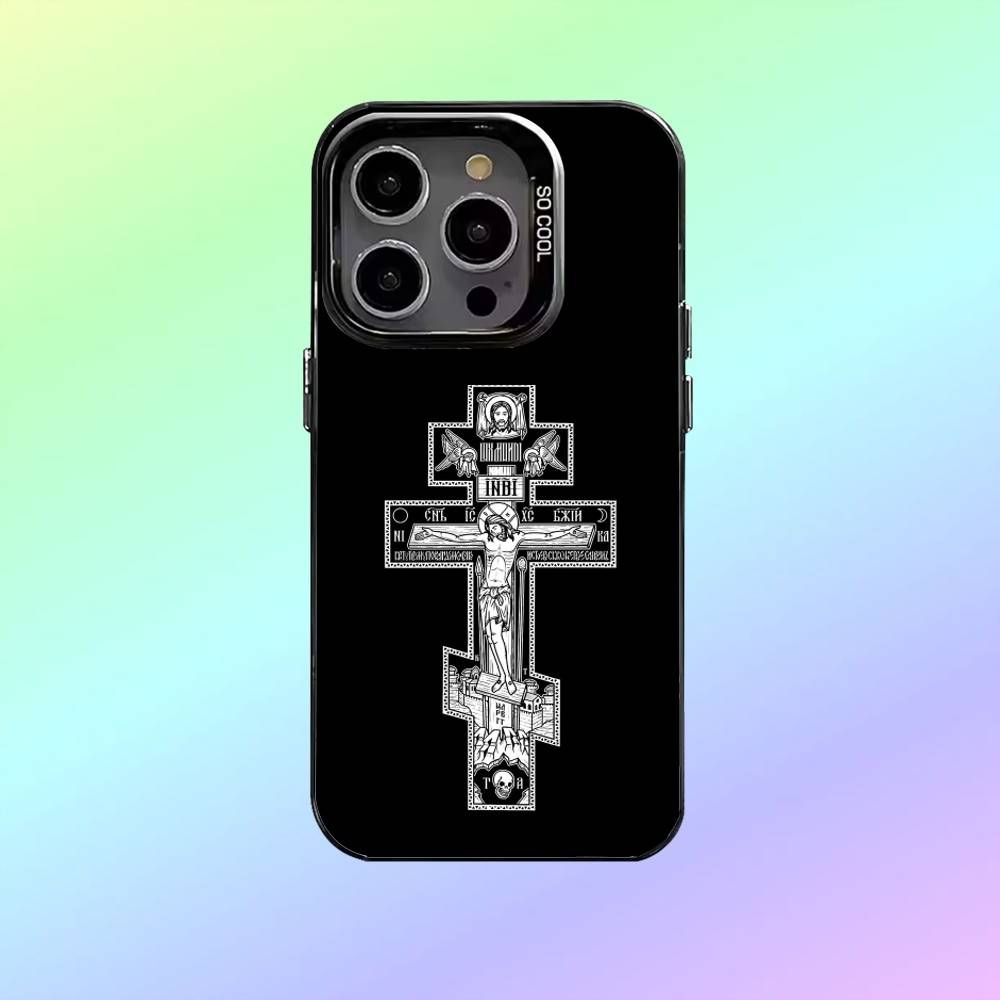 O-Orthodox Cross Icon Phone Case For iPhone17,16,15,14,13,12,11 Lens Border Silver Plated Cover Candy Matte Cover
