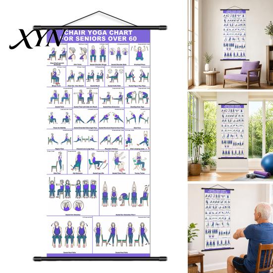 Wellness Wall Art Chair Yoga Chart, Canvas Poster with Hanging Rod And Rope, Gentle Movement Guide Chart for Seniors Beginners Home Stretching