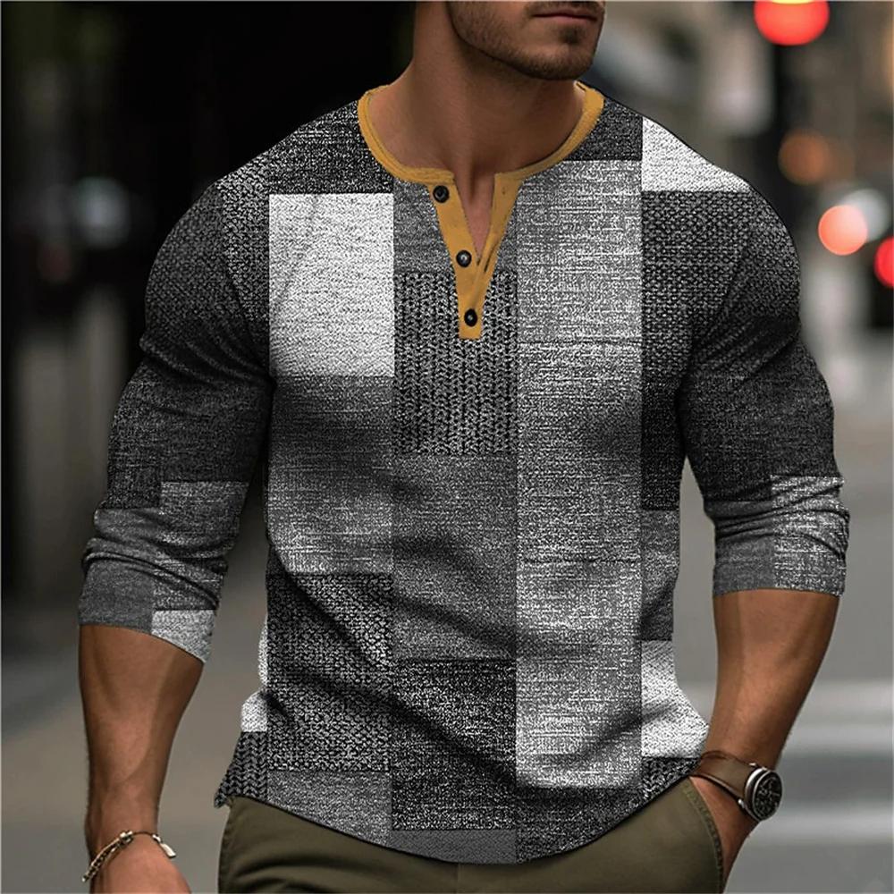 Chemises Henley Patchwork Color Block Automne Impression 3D Mode Homme Vintage Boutonnée Manches Longues T-Shirts Hauts Vêtements pour Homme
