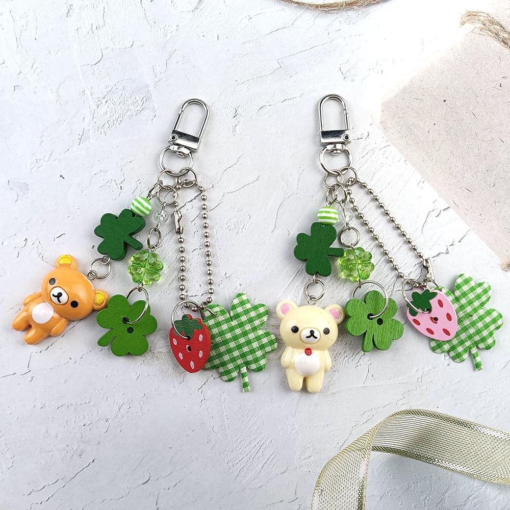 Cute Bell Bear Pendant Matching Phone Keychains Handmade Rilakkuma Strawberry Beaded Accessories Couple Gifts 6