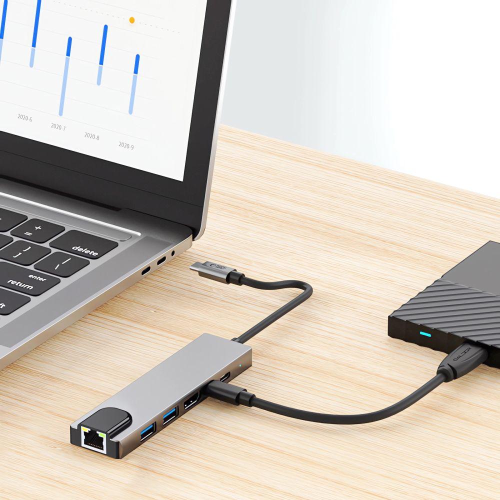 Tech-Protect Hb02 Hub Adapter 6In1 Type-C + Usb2.0 + Usb3.0 + Hdmi 4K 30Hz + Rj45 + Pd100W Space Grey