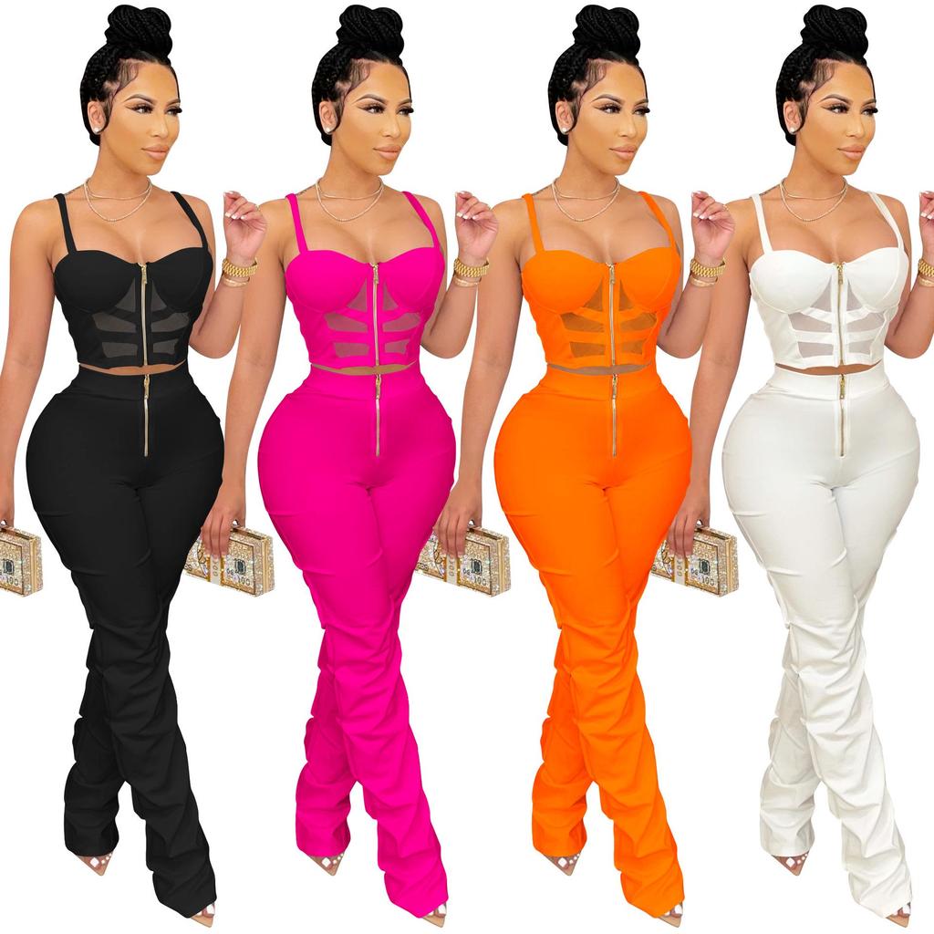 X5215 Women's Solid Color Sexy Camisole Bustier Zipper Vest and Long Pants Two-Piece Set