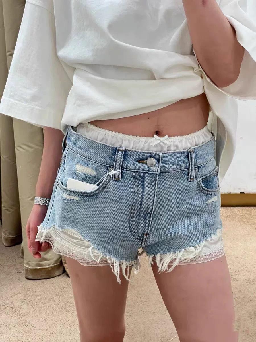

Women s High Waist Retro Ripped Denim Shorts with Lace Trim - Summer Style Large чёрный