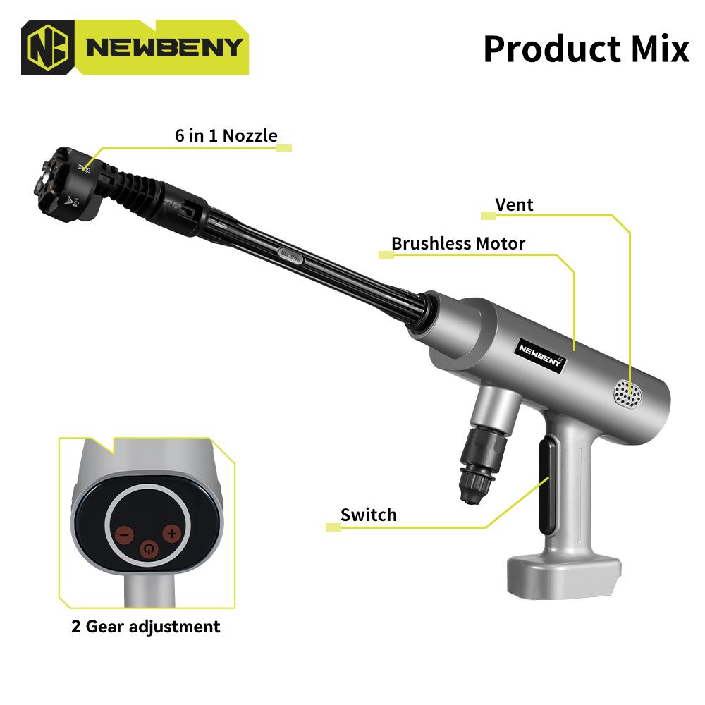 NEWBENY 200Bar 6 IN 1 Brushless Electric Car Washer Cordless Efficient Garden Cleaning Power Tools For  18V-21V Battery