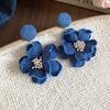 Blue Oil Drop Crystal Flower Round Earrings Stud Earrings Design Sense Niche