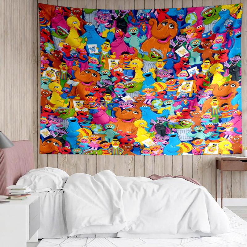 1PC Colorful Sesame Muppets Together Tapestry Accessories Playroom Tapestry, for Bedroom,Livingroom, dormitory Room Wall Decor Fan Birthday Gifts