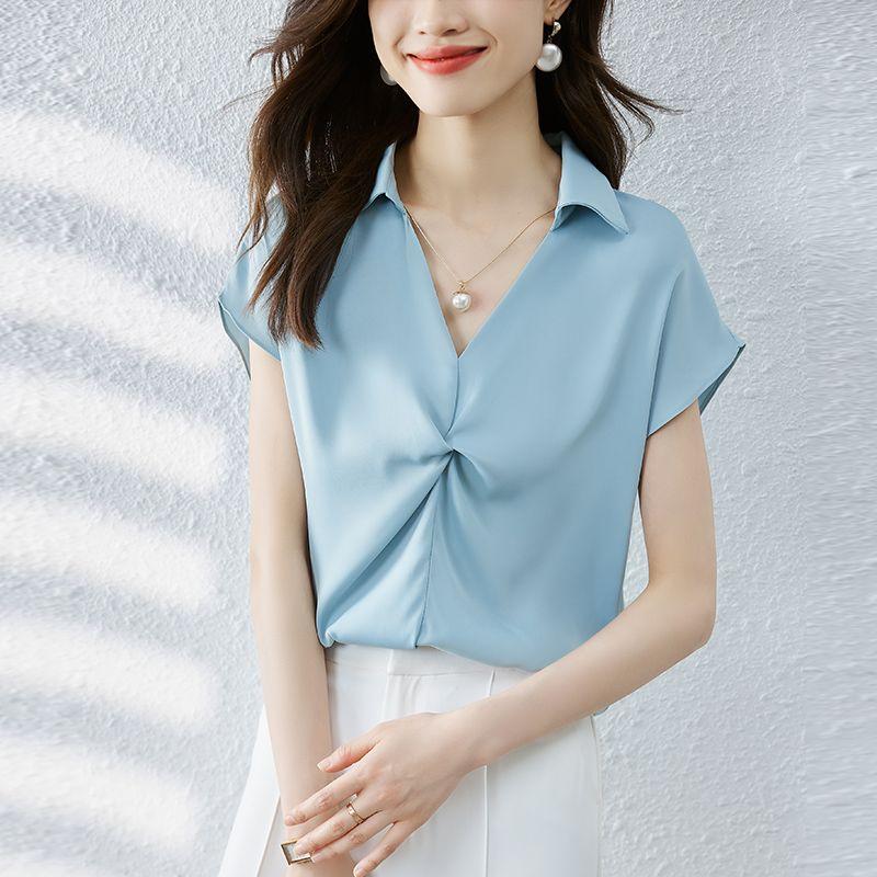 Sweet Summer New Arrival K-style Lake Blue V-neck Satin Fashion Commuter with Shoulder Short Sleeve Shirt Top Easiest for Match Female