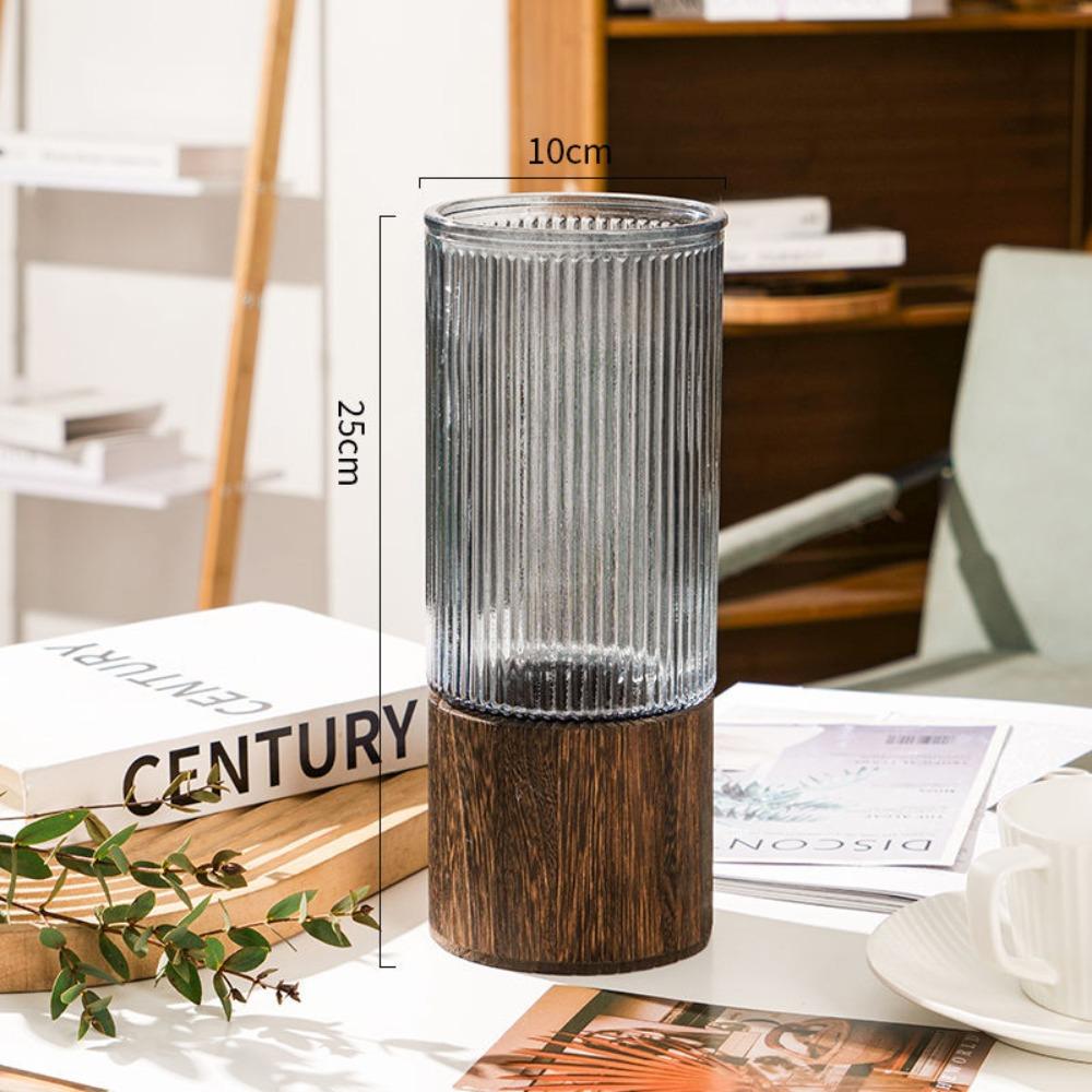 Wooden Base Transparent Flower Vase Elegant Decorative Bottles Hydroponic Flower Pot  Wedding Decor