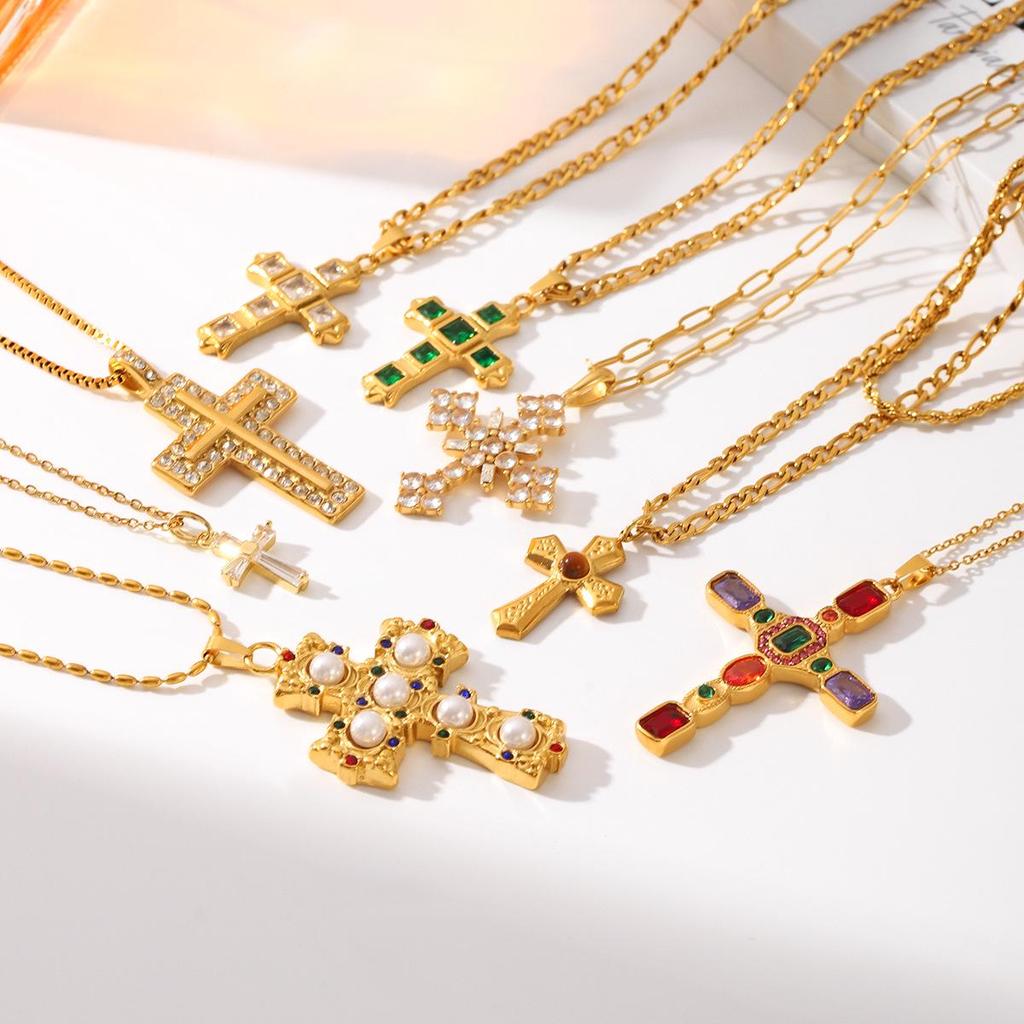 Heiß verkaufende französische Edelstahl-Kreuzkette mit Zirkon- und Perlenanhänger