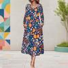 Women Plus Size V Neck Long Sleeve Sunflower Print Black A Line Midi Dress With Pockets