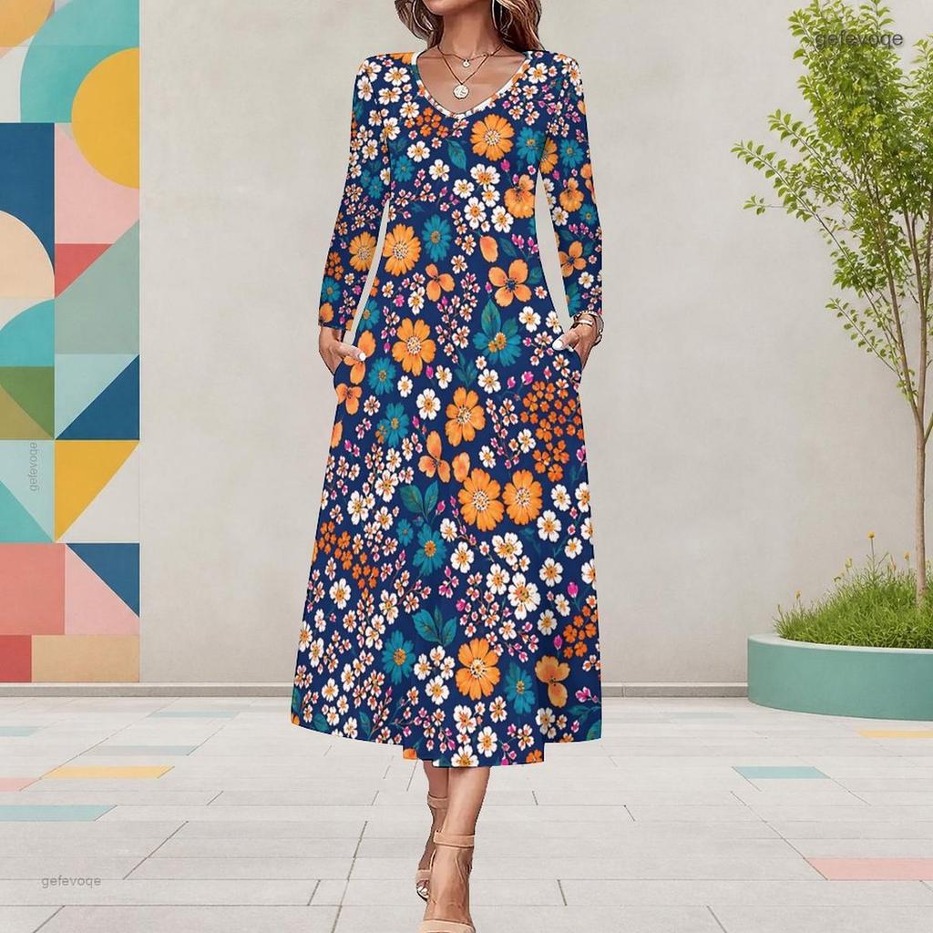 Women Plus Size V Neck Long Sleeve Sunflower Print Black A Line Midi Dress With Pockets