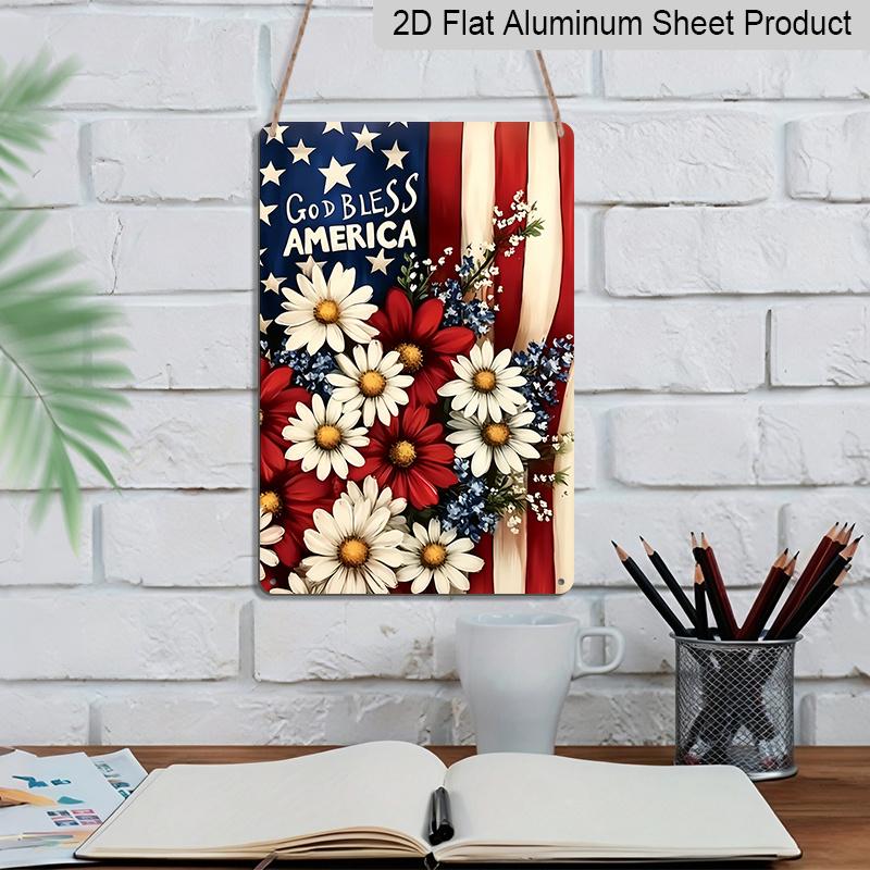 2D Flat Decorative 8×12 Inch Aluminum Plaque Metal Sign | God Bless America Patriotic Floral Design; Ideal for Patriotic Home & Outdoor Wall Decor