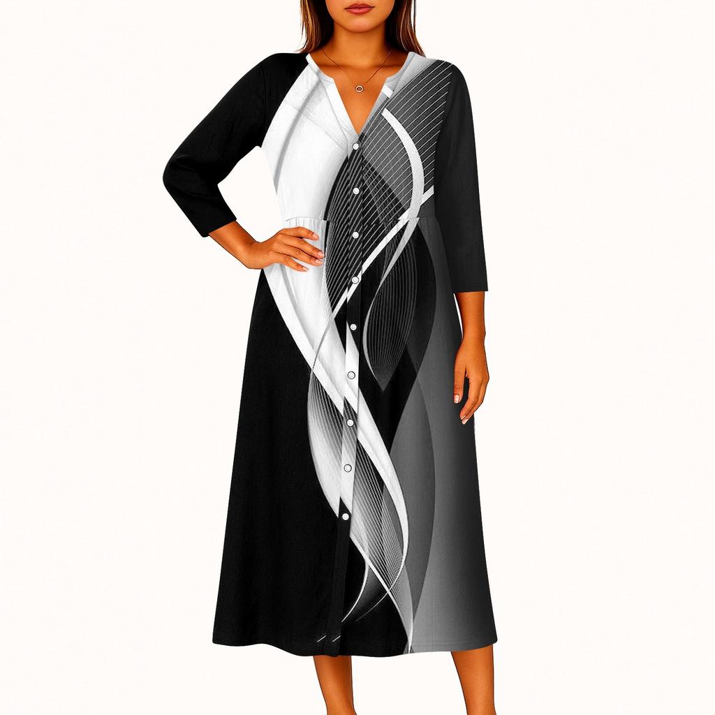 Dámské módní tištěné kulaté sedmiminutové rukávy knoflíkové volné košilové šaty