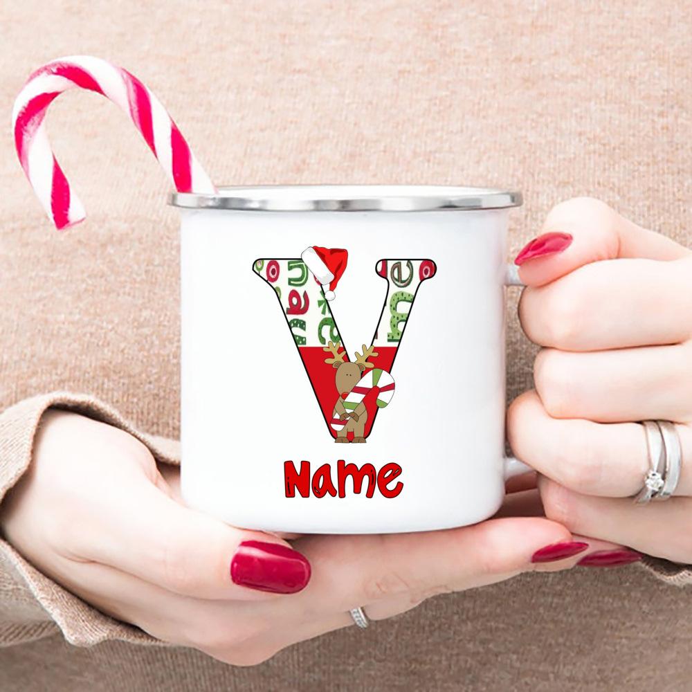 Personlized Reindeer Initial with Name Enamel Cups Christmas Hot Cocoa Chocolate Mug Drink Jiuce Mugs Christmas Gifts for Kids